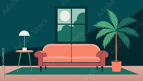 A breathtaking living room with a coral pink velvet sofa dark emerald green walls and a large palm tree in the corner.
