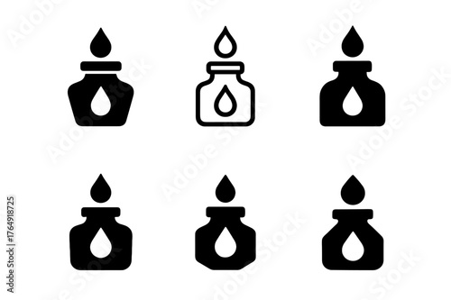 Ink Craft Logos. Modern calligraphy. Set Logo of ink craft: ink bottle with drop. Icon set. harmonious logo variations of the same emblematic concept, each