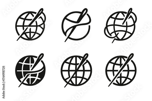 Ethical Fashion Logos. ethical fashion. Set Logo of ethical fashion: needle and thread looping around a globe. Icon set. harmonious logo variations of the same