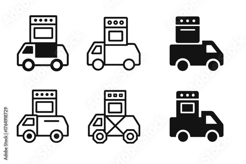 Logo Variations Grid. Replacing kitchen appliances (oven, fridge). Set Logo of appliance delivery truck: harmonious logo variations of the same emblematic