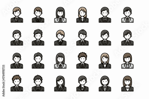 다양한 성별과 직업을 아우르는 비즈니스 전문가들의 상반신 아바타 아이콘 벡터 세트로, 웹 및 모바일 앱 디자인에 활용하기 적합한 현대적인 그래픽 자원입니다.