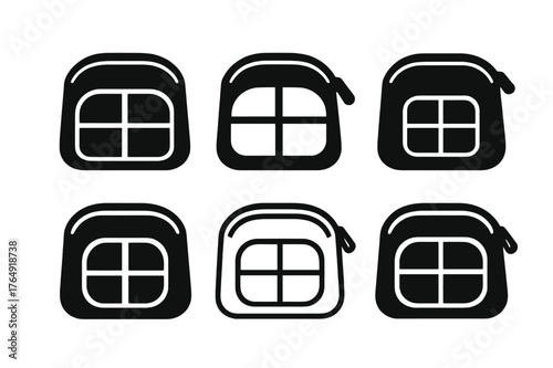 Cosmetic Bag Logos. cosmetic bag. Set Logo of cosmetic bag: organizer pouch with segmented compartments grid. Icon set. harmonious logo variations of the same