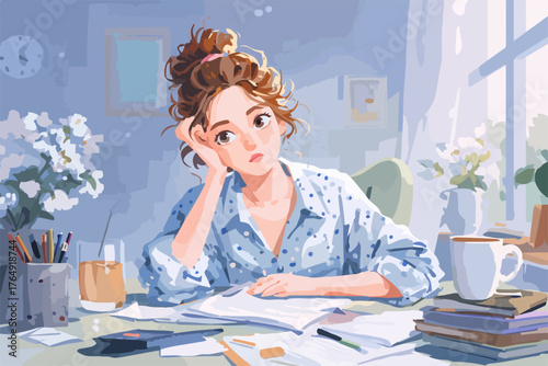 창가에 비치는 햇살 아래 책상에 앉아 지친 표정으로 사색에 잠겨 잠시 멈춰선 여성의 무기력하고 고독한 일상을 섬세하게 담아낸 벡터 아트.