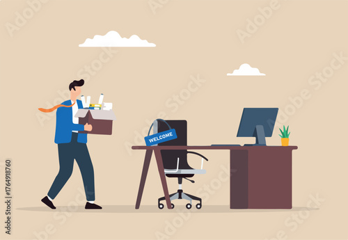 Flat illustration businessman walk to welcoming office desk hold box symbolizing starting new job