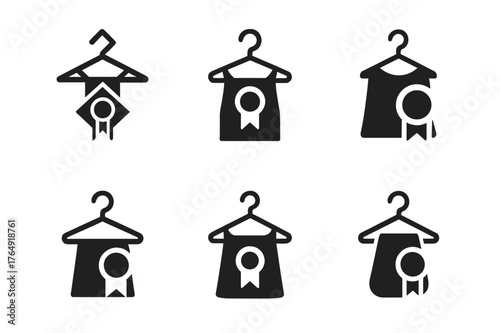 New Arrival Logos. New arrivals display. Set Logo of New arrivals display: hanger with garment and ribbon badge. Icon set. harmonious logo variations of the