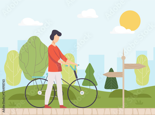 Man Ride Bicycle at Nature Enjoy Outdoor Activity Vector Illustration