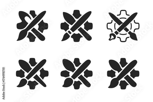 Collaborative Art Logos. Creative collaboration between people in different fields. Set Logo of Creative collaboration between people in different fields: Gear