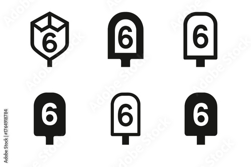 Diverse Logo Grid. Trip odometer display. Set Logo of mile marker post: harmonious logo variations of the same emblematic concept, each with different artistic
