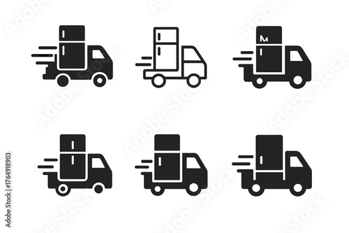 Logo Variations Grid. Replacing kitchen appliances (oven, fridge). Set Logo of appliance delivery truck: harmonious logo variations of the same emblematic