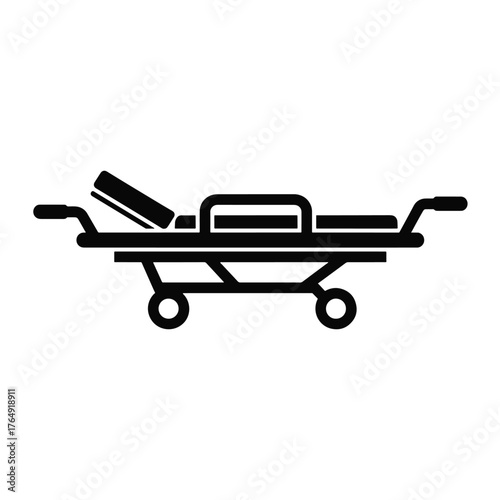 Black silhouette of a medical stretcher with wheels and adjustable headrest hospital transport