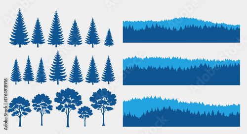 Set of blue forest trees