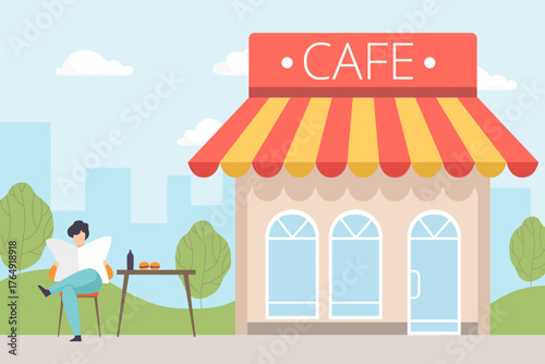Man Sit at Cafe Read Newspaper at Nature Enjoy Outdoor Activity Vector Illustration