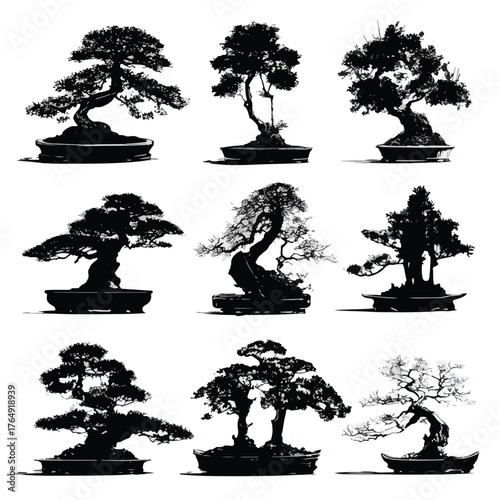 Collection of diverse bonsai tree silhouettes isolated on white background