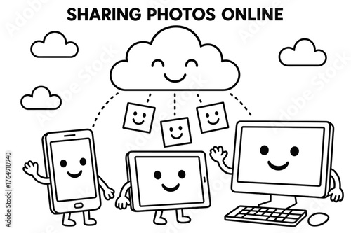 Digital Sharing Fun. Sharing photos online children?s coloring book illustration, outlined drawing, a phone, tablet, and computer sending happy photo icons