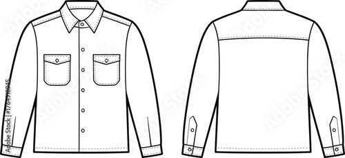 Long sleeve button-up shirt technical flat sketch, front and back view, fashion design template, garment construction, apparel illustration, vector drawing