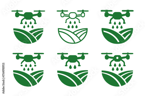 Drone Farming Logos. Agricultural innovation and food security. Set Logo of drone spraying fields: harmonious logo variations of the same emblematic concept,