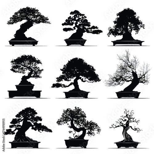 Collection of stylized bonsai tree silhouettes in various artistic poses isolated on white background
