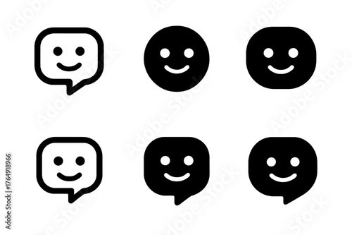 Chatbot Logo Variations. Digital avatars. Set Logo of chatbot persona: speech bubble with face. Icon set. harmonious logo variations of the same emblematic