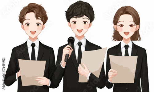 밝은 미소를 지닌 세 명의 젊은 비즈니스 전문가들이 마이크와 서류를 들고 활기찬 발표를 진행하며 전문적인 소통을 보여주는 벡터 일러스트입니다.