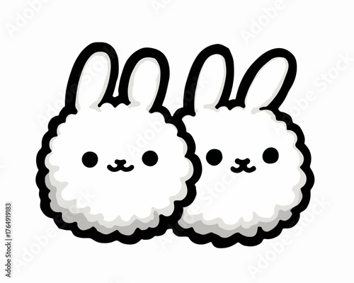 두 마리의 사랑스러운 하얀 솜털 토끼가 나란히 앉아있는 귀엽고 포근한 벡터 일러스트레이션으로, 순수하고 행복한 분위기를 전달합니다.