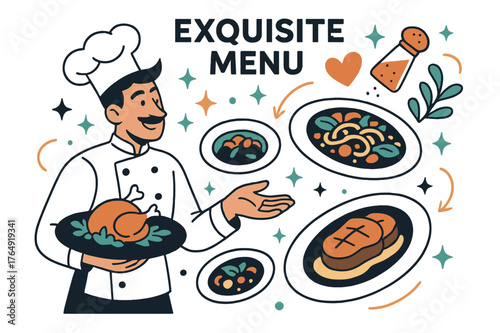 Gourmet Elegance Unveiled. Exquisite menu. Chef presenting gourmet dishes with floating abstract icons and sparkles; conveys elegance, flavor, and premium