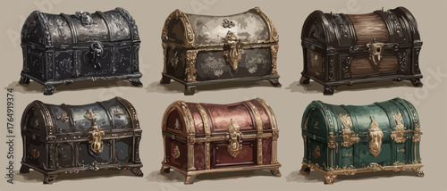 각기 다른 매력을 지닌 여섯 개의 고풍스러운 보물상자가 섬세한 벡터 일러스트로 표현되어 신비로운 모험의 분위기를 자아내며 숨겨진 재물을 암시합니다.