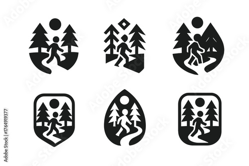 Kids Exploring Wildlife. Photographing Kids Enjoying Nature and Wildlife. Set Logo of Nature Trail Icon: Filled silhouette, Abstract geometric, Negative space,