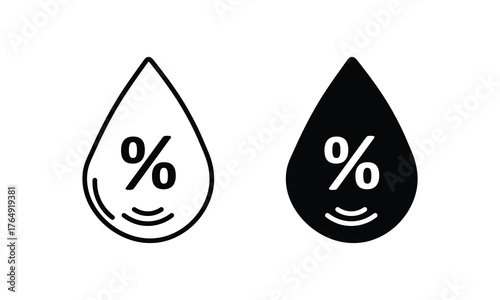 Minimalist water drop icons with percentage symbol, outline and solid versions, clean humidity vector design in black and white