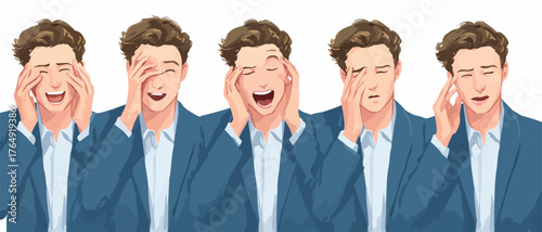 기쁨부터 당황, 그리고 스트레스까지, 얼굴을 가린 한 남자가 겪는 복합적인 감정의 스펙트럼과 그에 따른 미묘한 표정 변화를 포착한 벡터 일러스트레이션.