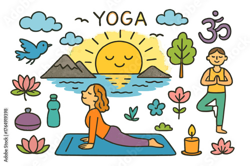 Sunrise Yoga Scene. Yoga at sunrise. Colorful Hand-drawn doodle Children illustration Yoga at sunrise yoga mat, person stretching, rising sun, mountain