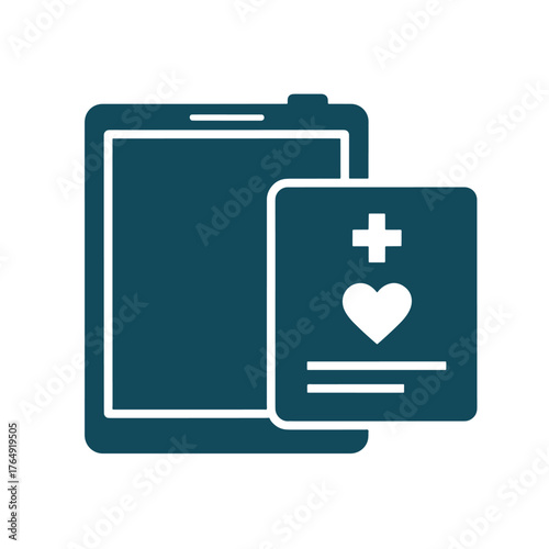 Teal tablet device displaying heart and plus symbol icons technology screen
