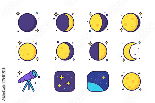 Lunar Phases Icons. Phases observation. Colorful isometric vector icons set of phases observation: new moon, waxing crescent, first quarter, waxing gibbous,