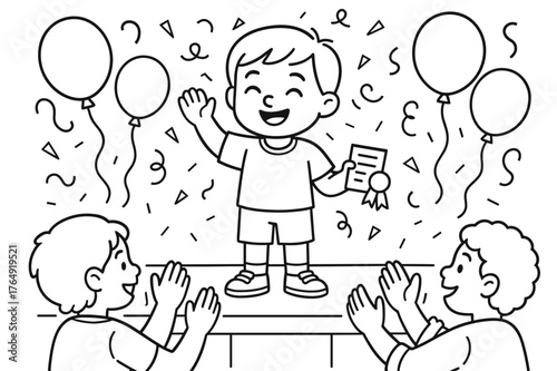 Children's Speech Celebration. Celebrating a great speech children?s coloring book illustration, outlined drawing, a child receiving applause and a small
