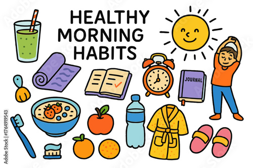 Healthy Morning Icons. Healthy morning habits. Colorful Hand-drawn doodle Children illustration Healthy morning habits smoothie glass, yoga mat, sun, alarm
