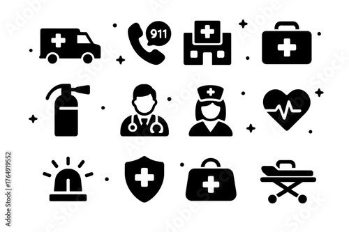 Emergency Icons Set. Emergency Services. Solid icons set of Emergency Services: ambulance, emergency call, hospital, first aid kit, fire extinguisher, doctor,