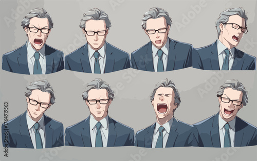 안경을 쓴 회색 머리의 중년 남성 캐릭터가 분노, 슬픔, 놀람, 기쁨, 당황 등 다양한 인간의 복잡한 감정들을 섬세하고 다채롭게 표현하는 얼굴 표정 변화를 포착한 고품질 벡터 일러스트레이션 모음입니다.