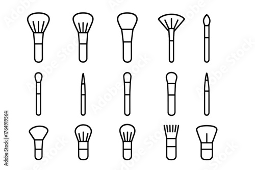 Makeup Brush Icons. Makeup brushes. Line icon set of makeup brushes: powder brush, blush brush, foundation brush, fan brush, eyeshadow brush, eyeliner brush,