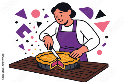 Slicing Homemade Pie. A Person Slicing into a Homemade Pie with Flaky Crust and Delicious Filling. Person cutting pie on a rustic wooden table with floating