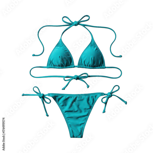 A bright turquoise two-piece bikini with tie-up straps, isolated on a dark background