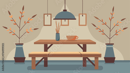 A cozy and rustic breakfast nook with a wooden table bench seating and a pendant light made of twigs.