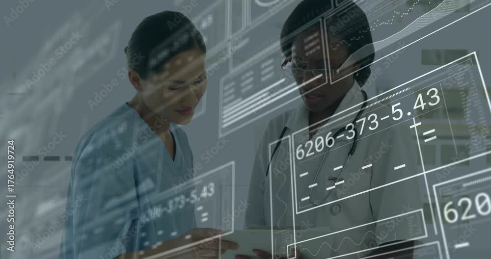 Medical team tapping tablet and reviewing shifting holographic charts ...