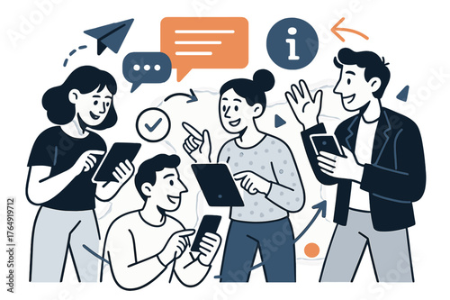 Dynamic Team Collaboration. Team communication. Colleagues using tablets and smartphones to share project updates; floating icons, arrows, and chat bubbles