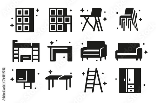 Modular Furniture Icons. Modular Furniture. Solid icons set of Modular Furniture: shelving units, storage cubes, foldable table, stackable chairs, loft bed,