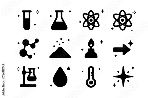 Scientific Icons Grid. Science Laboratory. Solid icons set of Science Laboratory: test tube, flask, beaker, atom, molecule, catalyst powder, Bunsen burner,