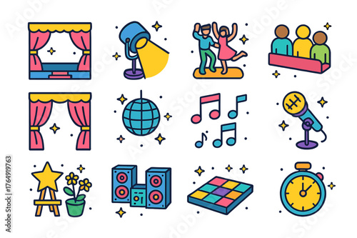 Dance Recital Icons. Dance recital. Colorful isometric vector icons set of dance recital: stage, spotlight, dancers, audience, curtains, disco ball, music
