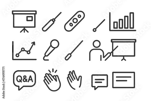 Presentation Icon Set. Presentation. Line icon set of Presentation: slide deck, laser pointer, clicker remote, bar chart, line graph, microphone, pointer