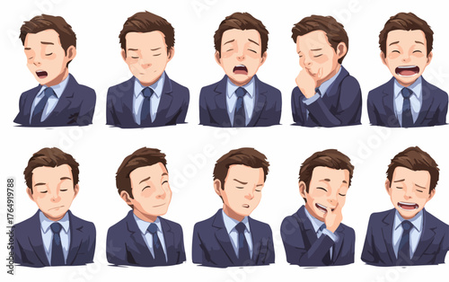 직장인의 일상에서 마주하는 다양한 감정, 즉 피로, 슬픔, 기쁨, 고민 등을 생생하게 담아낸 비즈니스맨 벡터 일러스트레이션 세트로, 현대 사회의 복잡한 감정 스펙트럼을 시각적으로 표현합니다.