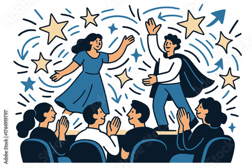 Vibrant Theater Applause. Theater production. Audience clapping in front of stage performance; abstract floating stars and motion lines emphasize excitement