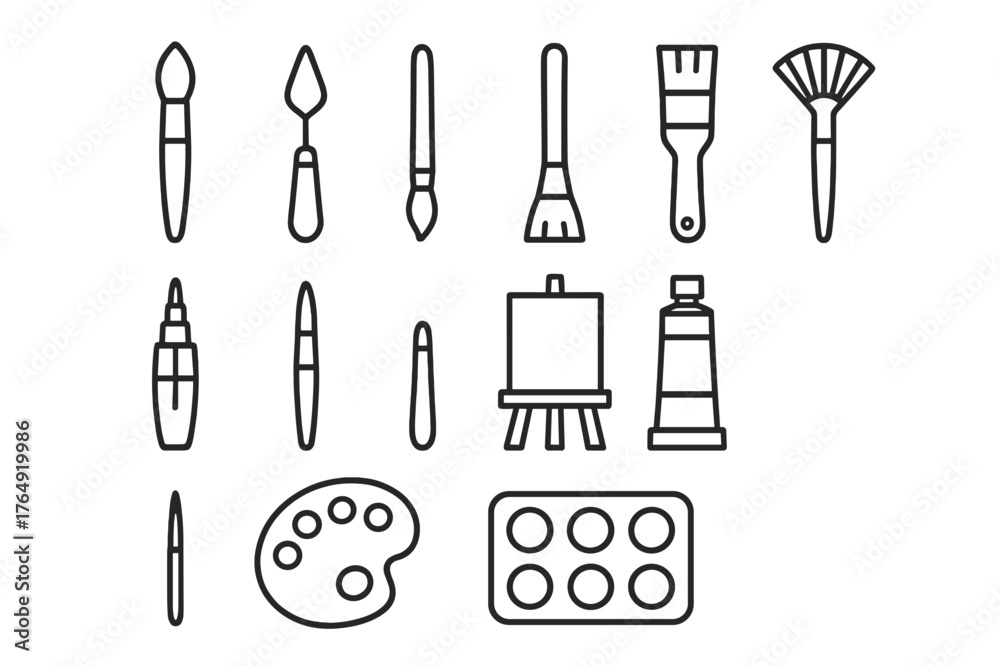 Naklejka premium Art Tool Icons. Art and painting tools. Line icon set of art and painting tools: paintbrush, palette knife, round brush, flat brush, fan brush, water brush,