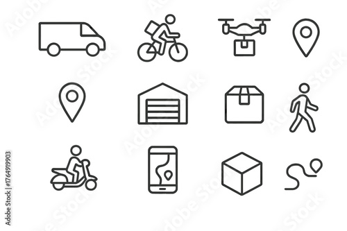 Last-Mile Connectivity Icons. Last-mile connectivity. Line icon set of last-mile connectivity: delivery van, bicycle courier, drone, map marker, warehouse,